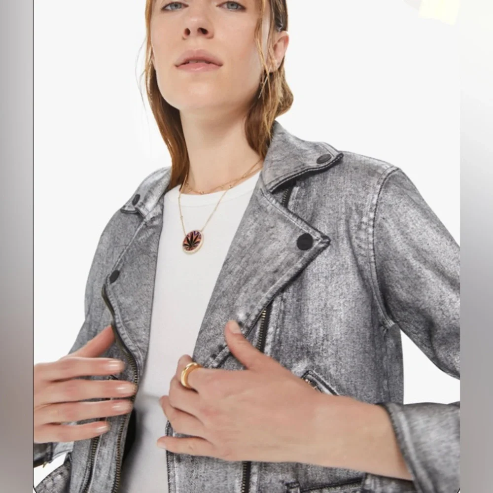Mother Denim Friday Night Freestyle Metallic Silver Coated Moto Jacket XS - Picture 2 of 12